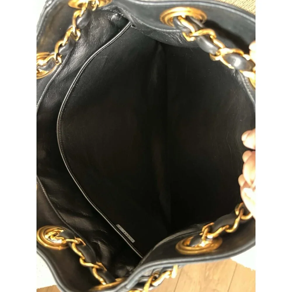 Authentic Vintage Chanel Bucket Bag Black Lambskin 24K Gold Hardware